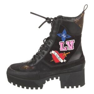 Louis Vuitton LV monogram Suede Combat Boots - Black with patches